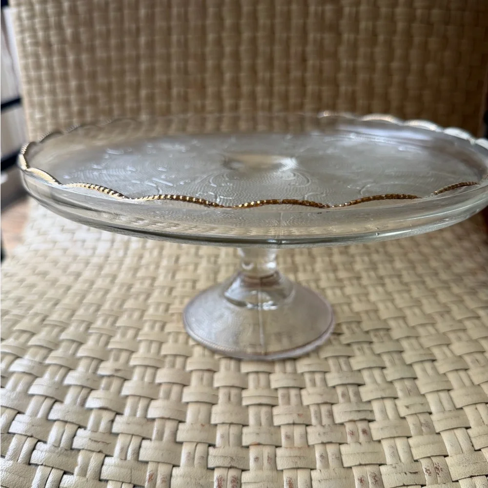 Antique  Glass Cake Stand Art Deco Ruffled Edge Musicsl Instruments 1950’s